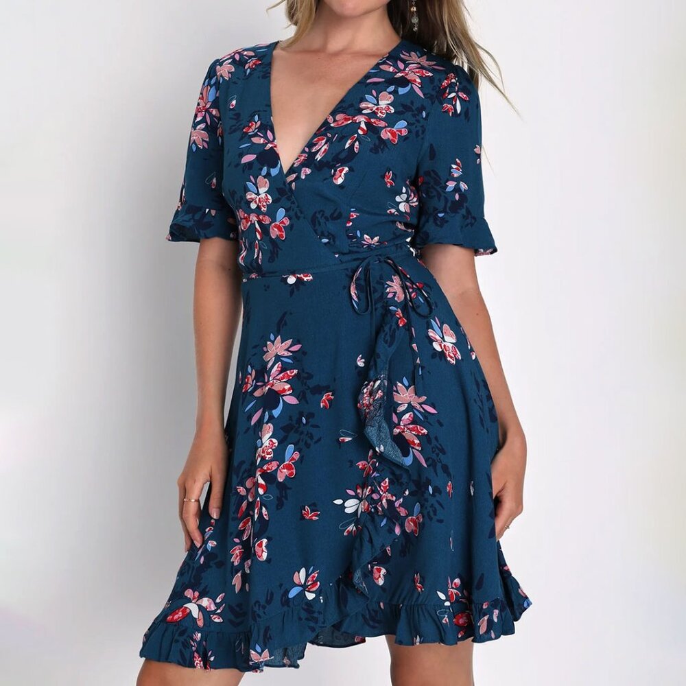 Lulus Dalton Teal Blue Floral Print Ruffled Wrap Dress | Like New
